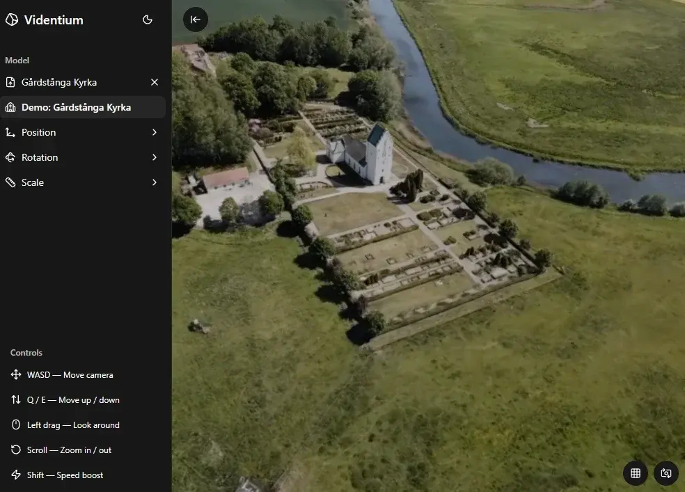 Videntium showing a Gaussian Splatting scan of Gårdstånga church and the surrounding fields, with position, rotation and scale controls in the sidebar.